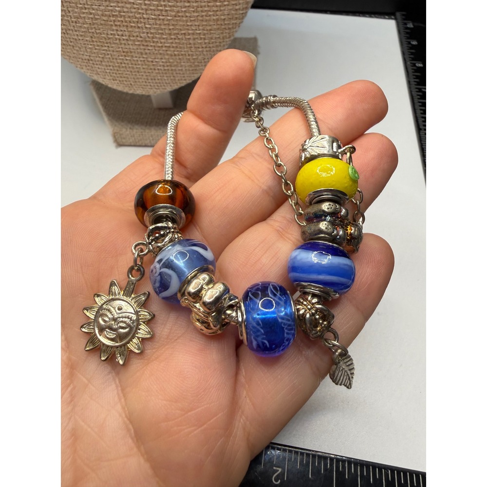 Celestial Sun Charm‎ Bracelet Silver Tone Blue Yellow Glass Snake Chain 7.5"